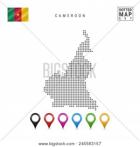 Dotted Map Of Cameroon. Simple Silhouette Of Cameroon. The National Flag Of Cameroon. Set Of Multico