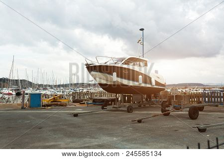 Morgat, France 29 May 2018 Boat On A Trailer By The Sea.