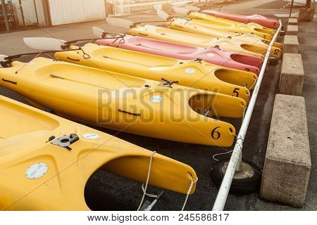 Morgat, France 31 May 2018 Catamarans Storage Without Sails Parked On The Beach.