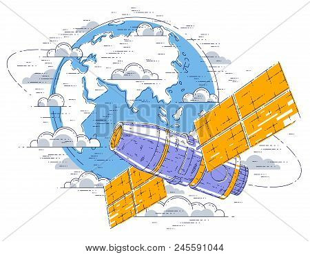 Space Station Flying Orbital Spaceflight Around Earth, Spacecraft Spaceship Iss With Solar Panels, A
