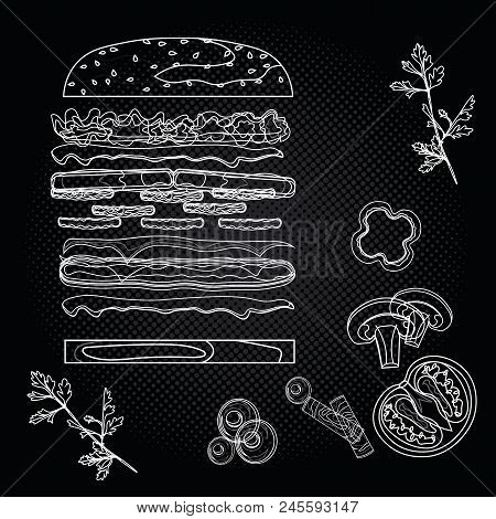 Burger Constructor Pattern Hand Drawn Sketch. Hamburger Food On Bkack Background With Ingredients, M