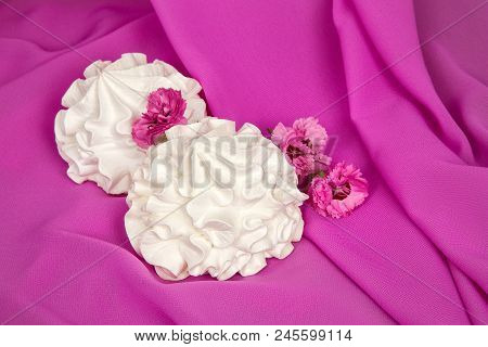 White Airy Bise On Pink Fabric With Pink Forget-me-nots