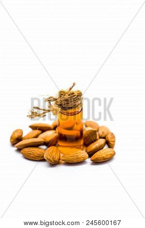 Close Up Of Extracted Oil Of Almond Or Badam Used As Hair Oil For Good And Thicker, Strong Black Hai