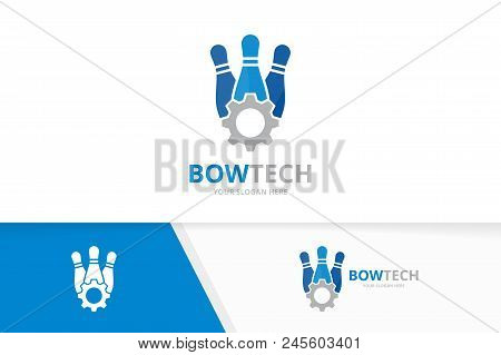 Vector Bowling And Gear Logo Combination. Game And Mechanic Symbol Or Icon. Unique Kegling And Indus