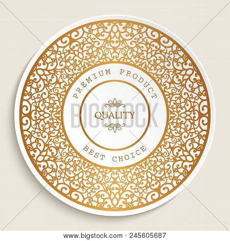 Premium Quality Label With Gold Ornamental Border, Best Choice Sticker, Golden Round Frame With Swir