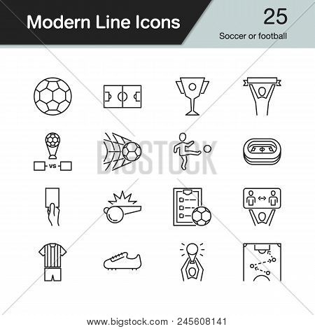Soccer Or Football Icons. Modern Line Design Set 25. For Presentation, Graphic Design, Mobile Applic