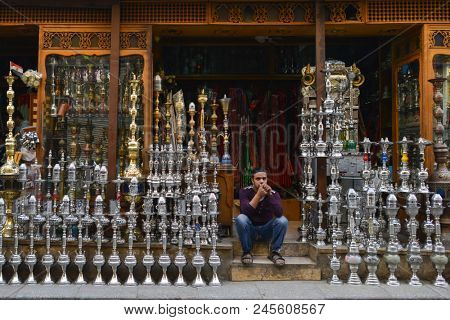 Cairo / Egypt - MARCH 20, 2016: An hookah shop in Khan Khalili bazaar in Islamic Cairo. 