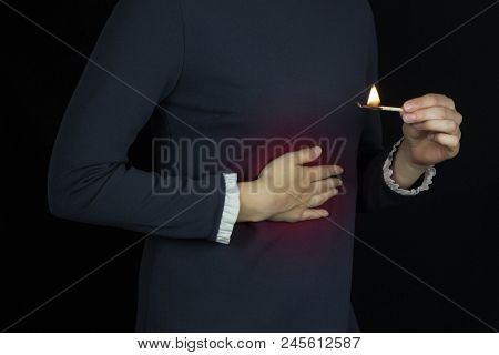 The Girl Holds On To The Stomach, Heartburn In Her Stomach, Fire And Burning In The Stomach, Brash
