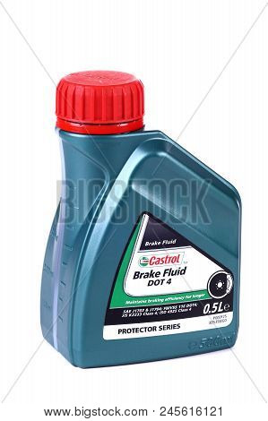Novyy Urengoy, Russia - June 17, 2018: Plastic Bottle Of The Brake Fluid Castrol Dot4 Isolated Over 