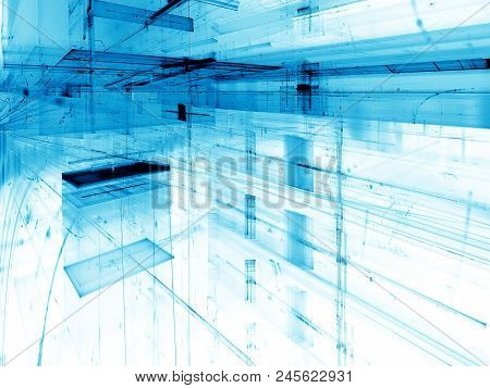 White And Blue Technology Background With Copy Space. Abstract Computer-generated Image. Digital Art