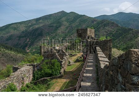 On The Wall Of Medieval Fortress Maglic, Mountain Range At Background , Serbia
