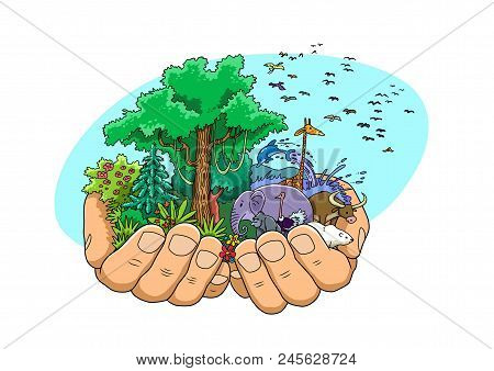 The Hands Of God The Creator Support The Life Of All Nature, Plants And Animals.