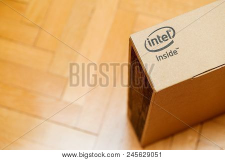 Paris, France - Jan 10, 2018: New Laptop Computer Box On Wooden Floor Before Unboxing. Latest Intel 