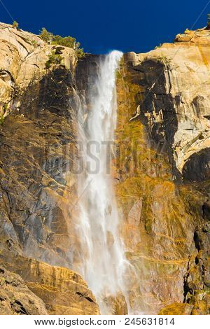 Beautiful Bridalveil falls is located on Merced river. Yosemite National Park, California, USA