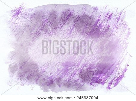 Purple And Violet Cloudy Horizontal Watercolor Gradient Hand Drawn Background. Middle Part Is Lighte