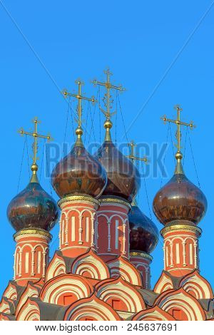 Ancient Domes Of The Orthodox Russian Church With Crosses. Church Of St. Nicholas In Moscow.