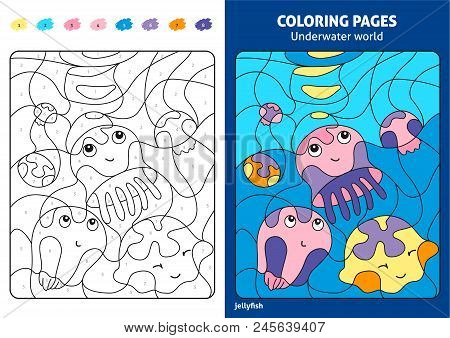 Underwater World Coloring Page For Kids, Jellyfish. Printable Design Coloring Book. Coloring Puzzle 