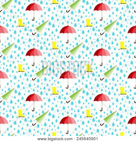 Rainwater Umbrella. Rubber Boot. Rain. Vector Illustration On A White Background. Seamless Pattern. 