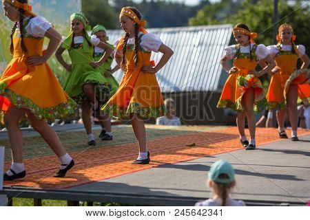 NIKOLSKIY / LENINGRAD REG, RUSSIA - JUN 16, 2018: During festival events dedicated to 69th anniversary of urban-type settlement Nikolskiy formation on the river Svir connecting Onega and Ladoga lakes.