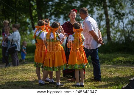 NIKOLSKIY / LENINGRAD REG, RUSSIA - JUN 16, 2018: During festival events dedicated to 69th anniversary of urban-type settlement Nikolskiy formation on the river Svir connecting Onega and Ladoga lakes.