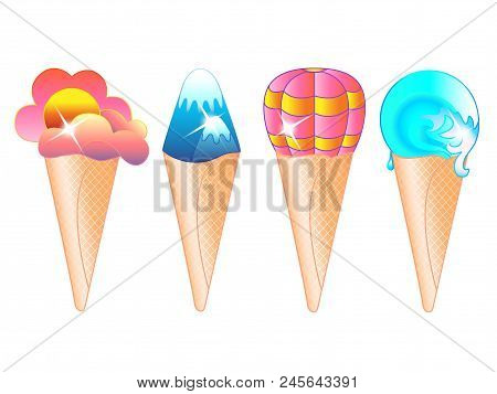 Ice Cream Stylized As A Type Of Leave. Wafer Cone With Ice Cream In The Form Of Sea Waves, Mountain 