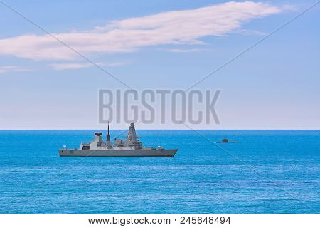 Air-defence Destroyer And Submarine In The Sea