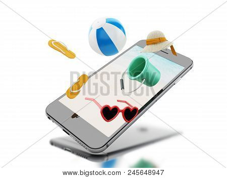 3d Illustration. Flip Flops, Sunglasses, Beach Ball And Straw Hat On A Smartphone Screen. Tropical S
