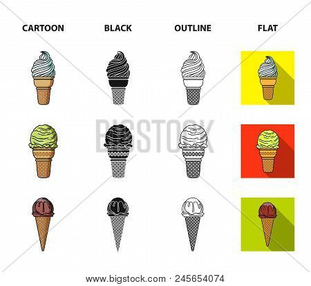 Ice Cream On A Stick, In A Waffle Cone And Other Species. Ice Cream Set Collection Icons In Cartoon,