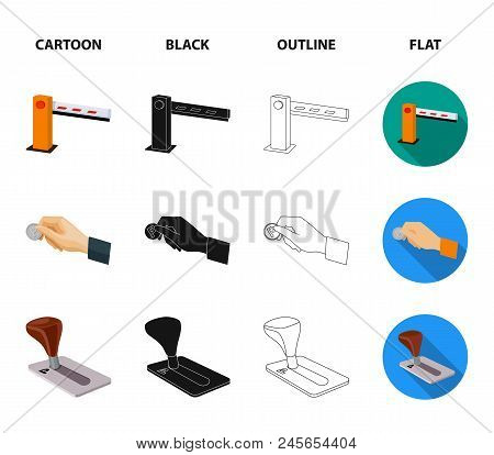 Car, Parking Barrier, Bicycle Parking Place, Coin In Hand For Payment. Parking Zone Set Collection I