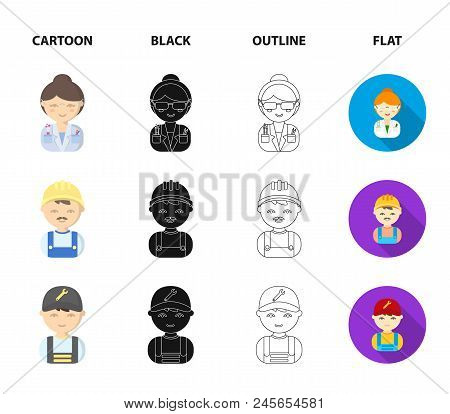 Sailor, Soldier, Scientist, Builder.profession Set Collection Icons In Cartoon, Black, Outline, Flat