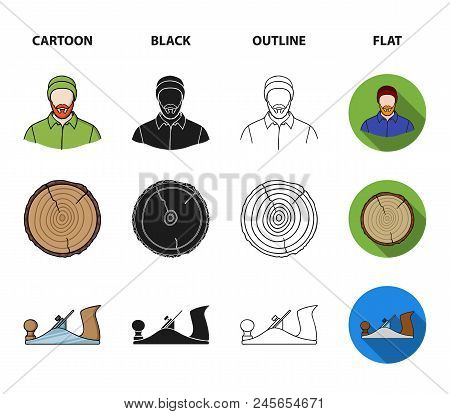 Circular Saw, A Working Carpenter, A Stack Of Logs. A Sawmill And Timber Set Collection Icons In Car