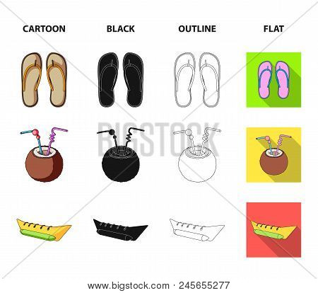 Diving, Surfing, Cocktail.summer Vacation Set Collection Icons In Cartoon, Black, Outline, Flat Styl