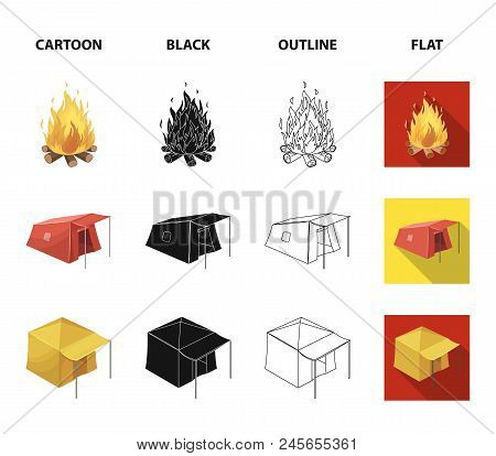 Awning, Fire And Other Tourist Equipment.tent Set Collection Icons In Cartoon, Black, Outline, Flat 