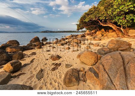 Tropical beach at beautiful sunset. Nature background. Nai Yang beach. Phuket. Thailand