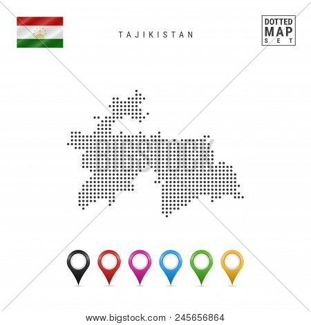 Dotted Map Of Tajikistan. Simple Silhouette Of Tajikistan. The National Flag Of Tajikistan. Set Of M