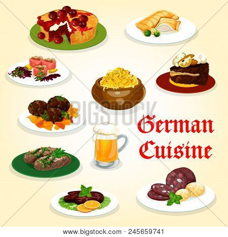 German Cuisine Tasty Dinner With Sausage And Beer Cartoon Icon. Potato, Cabbage And Meat Roll, Salmo