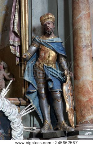 MARIJA NA MURI, CROATIA - AUGUST 08: Saint Ladislaus of Hungary, statue on the altar in the parish church of Assumption in Marija na Muri, Croatia on August 08, 2017.