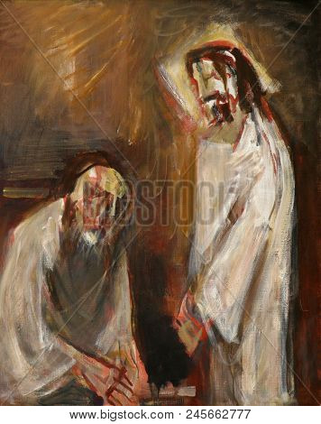 SISAK, CROATIA - DECEMBER 07: 1st Stations of the Cross, Jesus is condemned to death, Church of Holy Cross in Sisak, Croatia, on December 07, 2017.