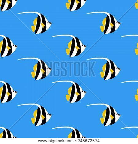 Zanclus Cornutus Fish Seamless Pattern On The Blue Background. Vector Illustration