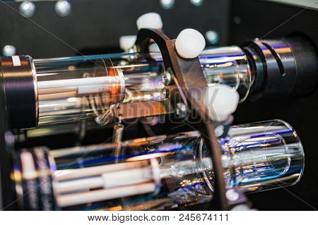 Cathode Lamp, Electronic Element Of Scientific And Laboratory Equipment. Abstract Industrial Backgro