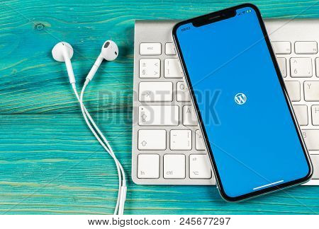 Sankt-petersburg, Russia, June 2, 2018: Wordpress Application Icon On Apple Iphone X Screen Close-up
