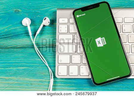 Sankt-petersburg, Russia, June 2, 2018: Microsoft Exel Application Icon On Apple Iphone X Screen Clo