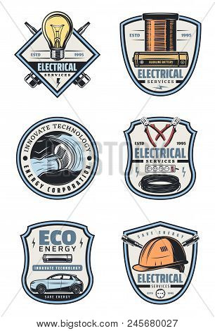 Electrical Service And Electricity Supply Badge With Retro Equipment. Energy Cable, Light Bulb And P