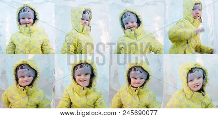 Happy Giel Ijn Yellow Poses Behind Thick Piece Of Ice, Collage With One Model