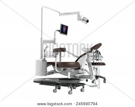 Modern Brown Dental Chair With Borax With Lighting And Monitor For Work 3d Render On White Backgroun