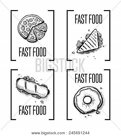 Fast Food Hand Drawn Doodle Set. Vintage Isolatedelements Of Sandwich, Pizza, Hot Dog And Donut. Res
