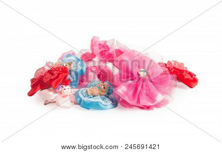 Bows, Elastic Bands, Hairpins - Hair Decorations For A Little Girl Isolated On White