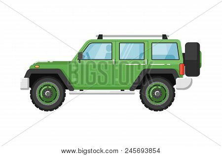 Extreme Travel Car Isolatedillustration On White Background. Off Road 4x4 Auto Vehicle, Suv Car, Peo