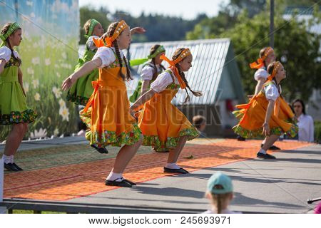 NIKOLSKIY / LENINGRAD REG, RUSSIA - JUN 16, 2018: During festival events dedicated to 69th anniversary of urban-type settlement Nikolskiy formation on the river Svir connecting Onega and Ladoga lakes.