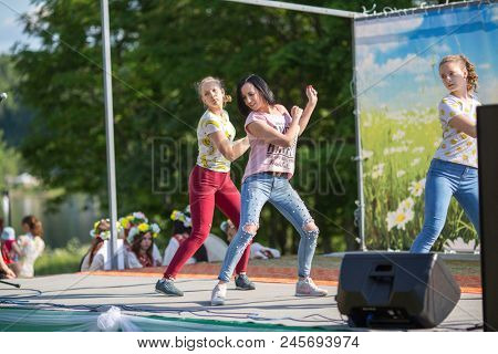 NIKOLSKIY / LENINGRAD REG, RUSSIA - JUN 16, 2018: During festival events dedicated to 69th anniversary of urban-type settlement Nikolskiy formation on the river Svir connecting Onega and Ladoga lakes.